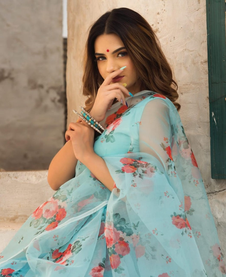 Sky blue soft organza floral printed work saree