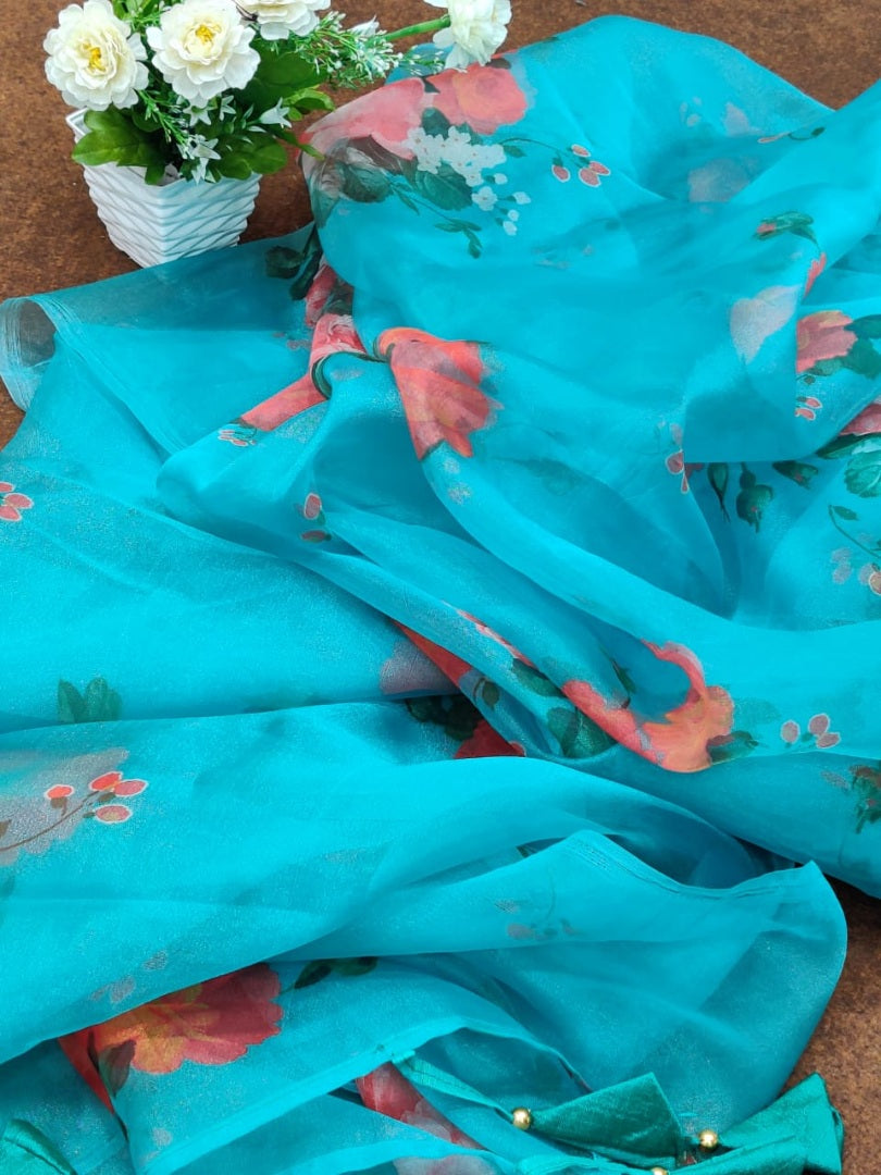 Sky blue soft organza floral printed work saree