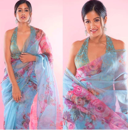 Sky blue soft organza flower printed ceramic stone work saree