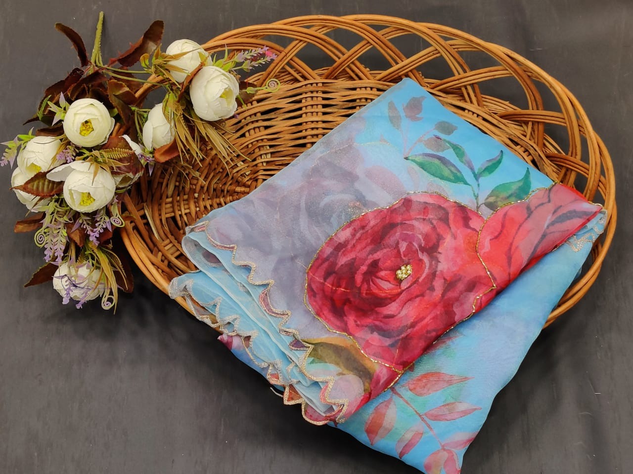 Sky blue soft organza flower printed ceramic stone work saree