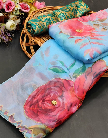 Sky blue soft organza flower printed ceramic stone work saree