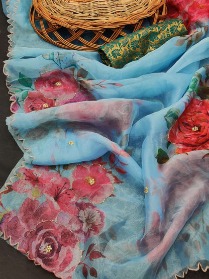Sky blue soft organza flower printed ceramic stone work saree