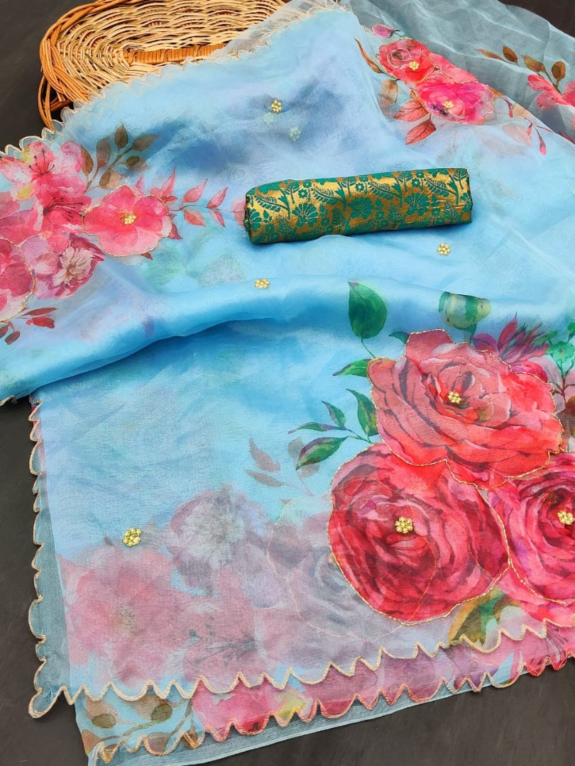 Sky blue soft organza flower printed ceramic stone work saree