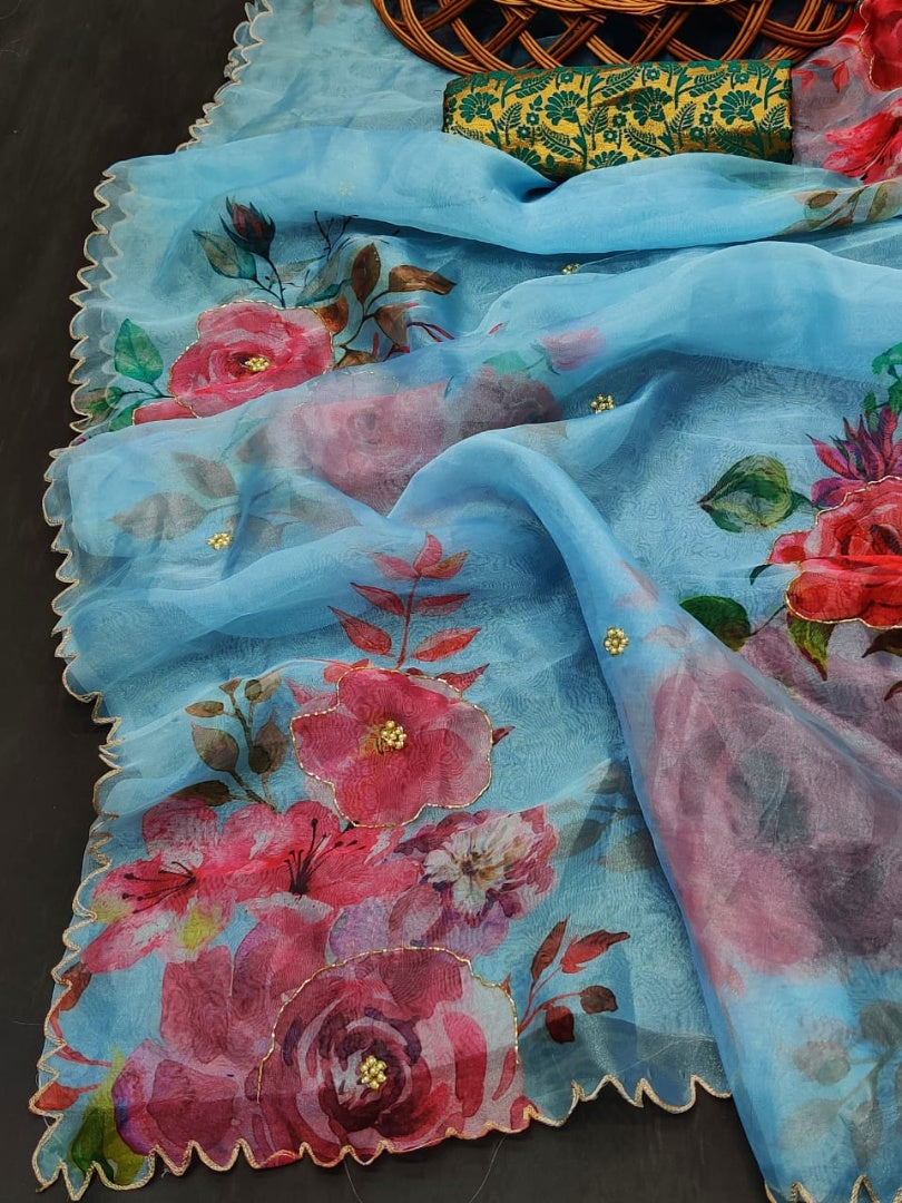 Sky blue soft organza flower printed ceramic stone work saree