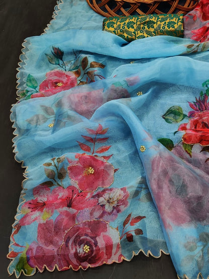 Sky blue soft organza flower printed ceramic stone work saree