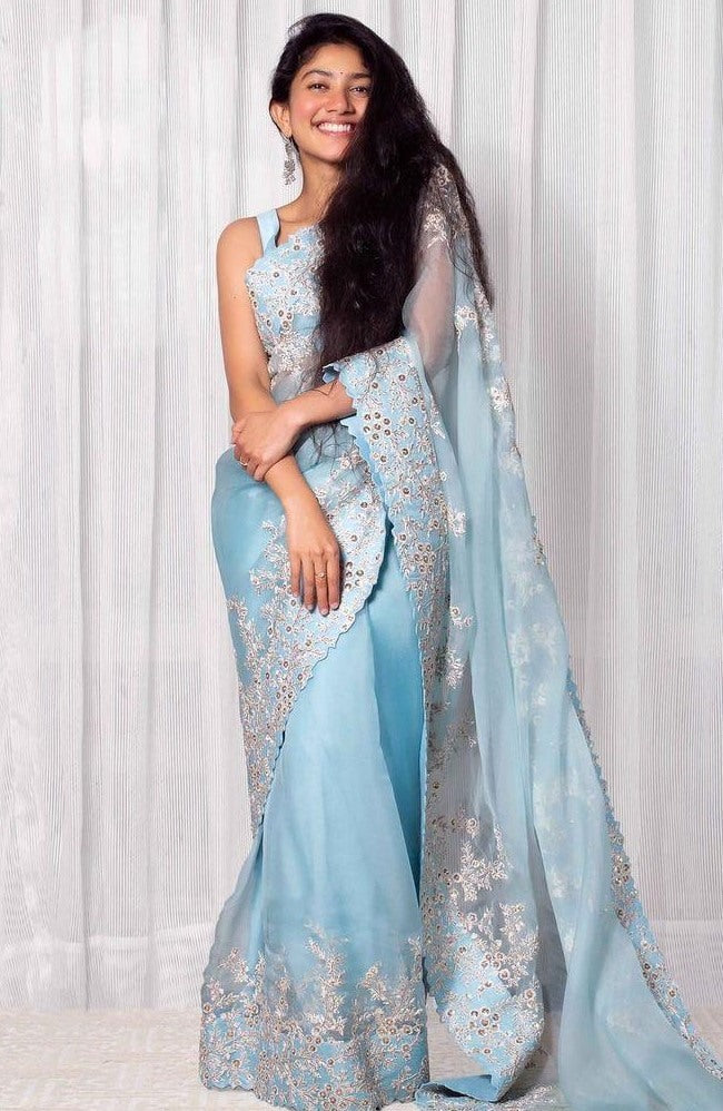 Sky blue soft organza thread and cutwork party wear saree