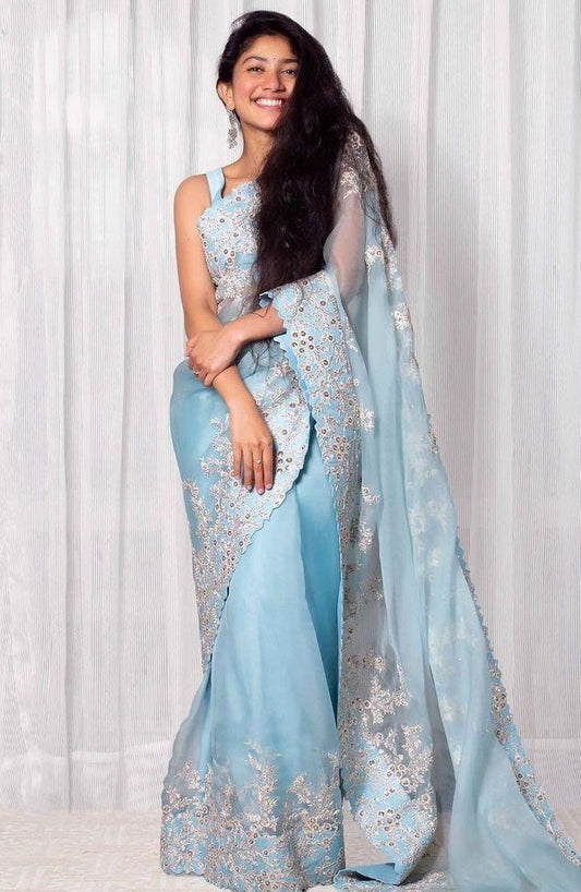 Sky blue soft organza thread and cutwork party wear saree