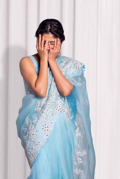 Sky blue soft organza thread and cutwork party wear saree