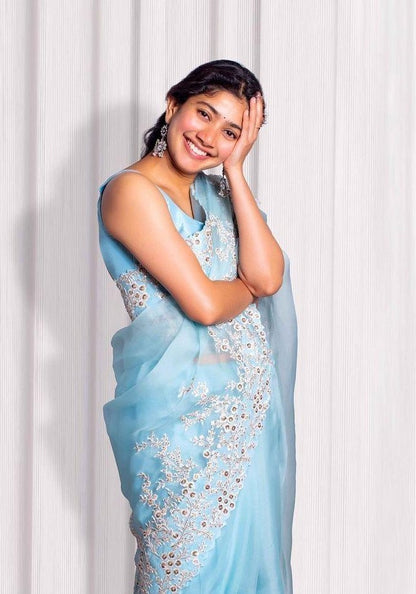 Sky blue soft organza thread and cutwork party wear saree