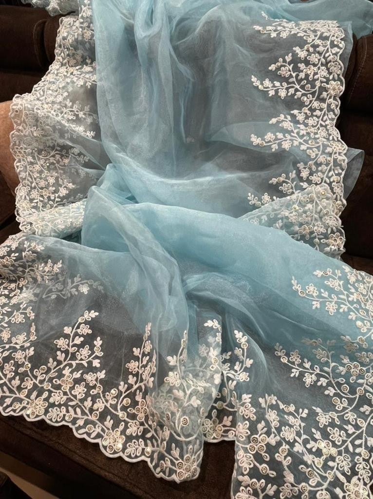 Sky blue soft organza thread and cutwork party wear saree