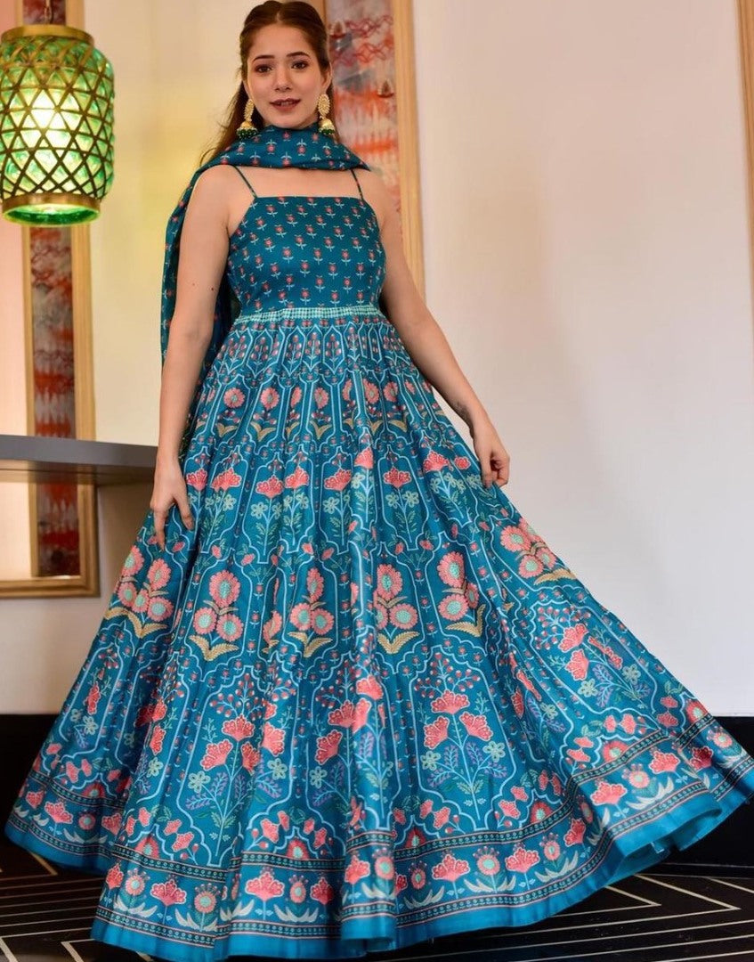 Sky blue taffeta silk digital printed work party wear gown