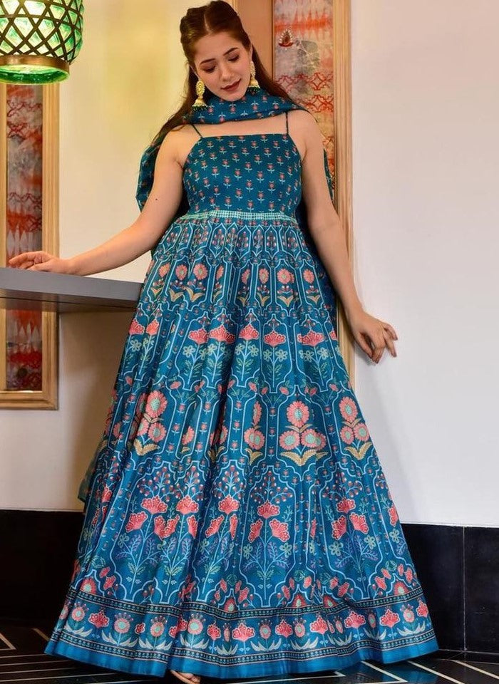 Sky blue taffeta silk digital printed work party wear gown