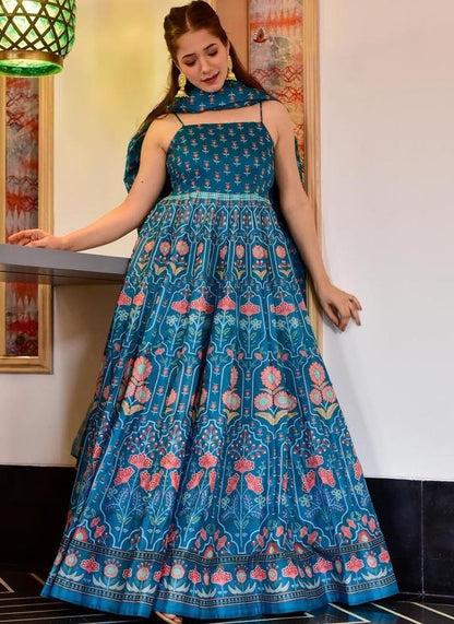 Sky blue taffeta silk digital printed work party wear gown