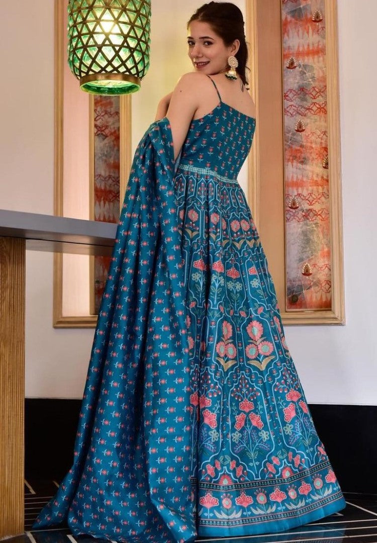 Sky blue taffeta silk digital printed work party wear gown