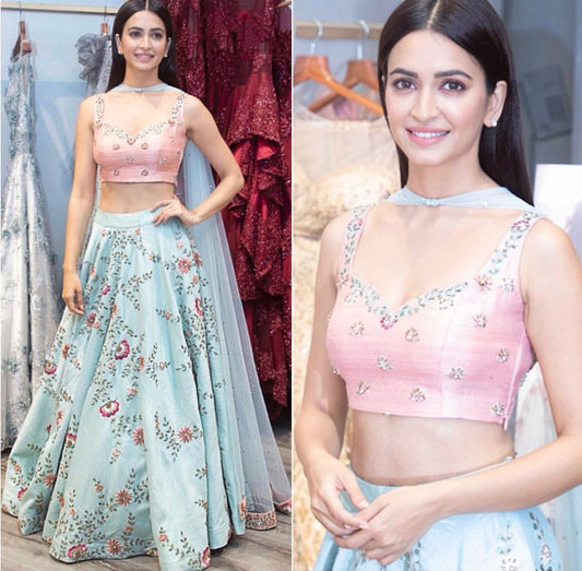 sky blue tapeta silk embroidered bollywood style lehenga