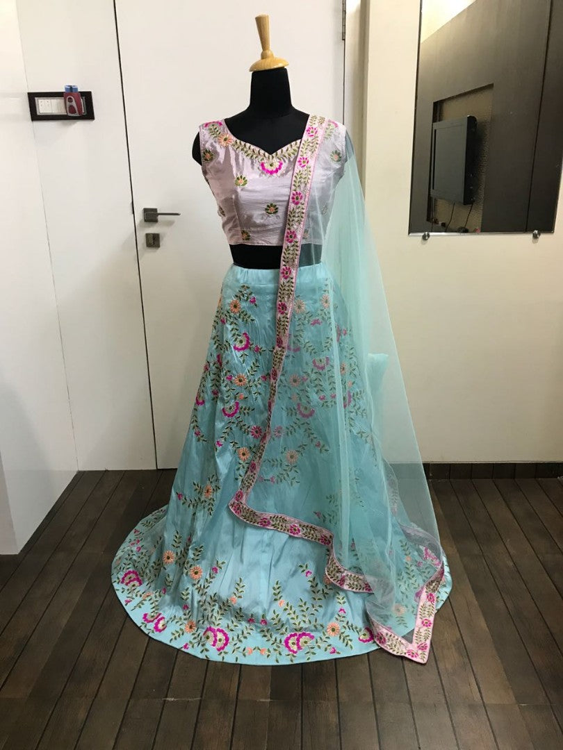 sky blue tapeta silk embroidered bollywood style lehenga