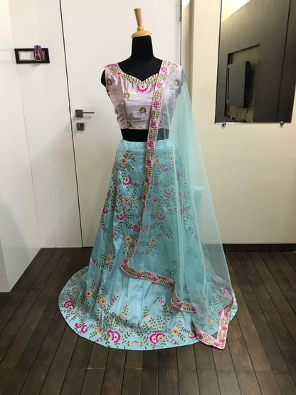 sky blue tapeta silk embroidered bollywood style lehenga