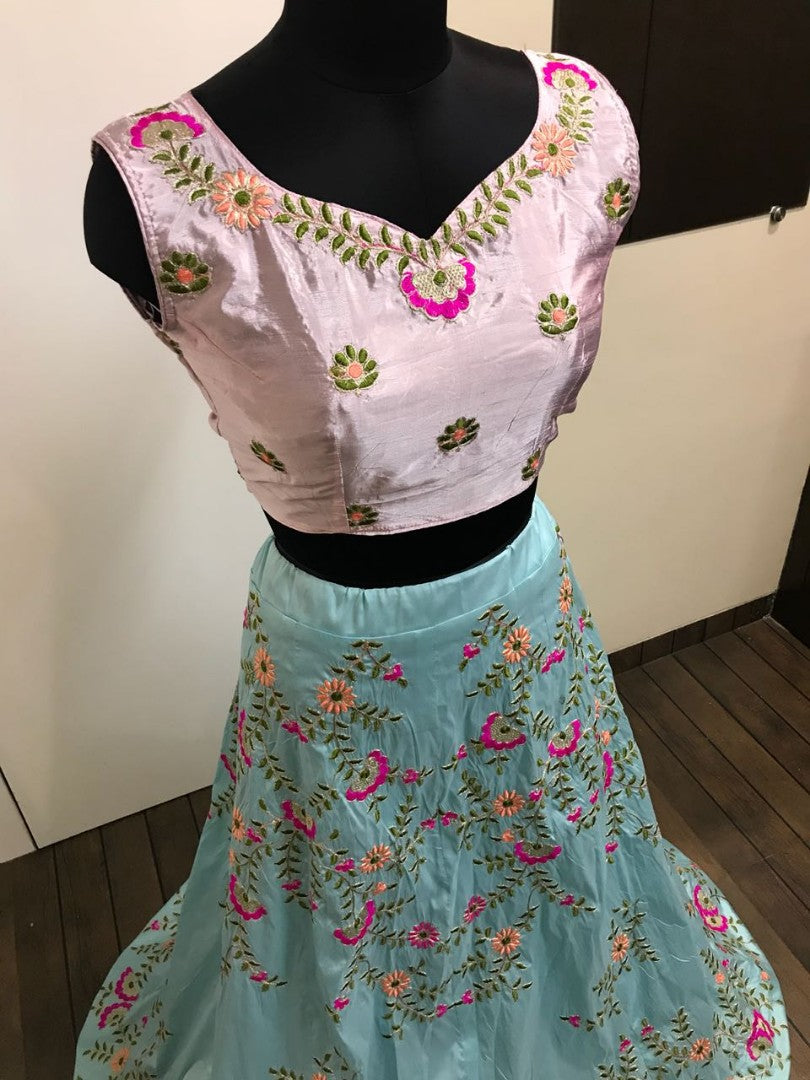 sky blue tapeta silk embroidered bollywood style lehenga