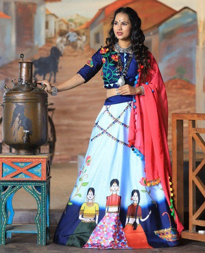 Sky blue tapeta silk multi color printed festive lehenga choli