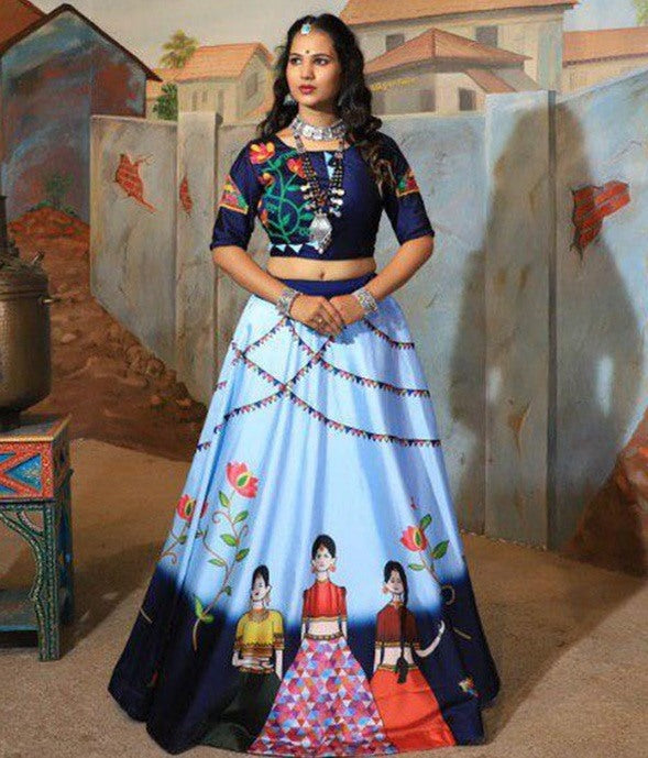 Sky blue tapeta silk multi color printed festive lehenga choli