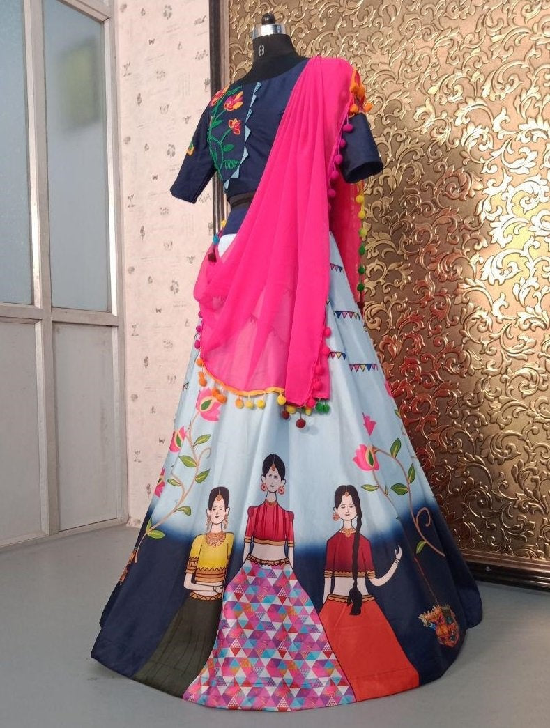 Sky blue tapeta silk multi color printed festive lehenga choli