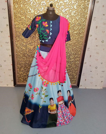 Sky blue tapeta silk multi color printed festive lehenga choli