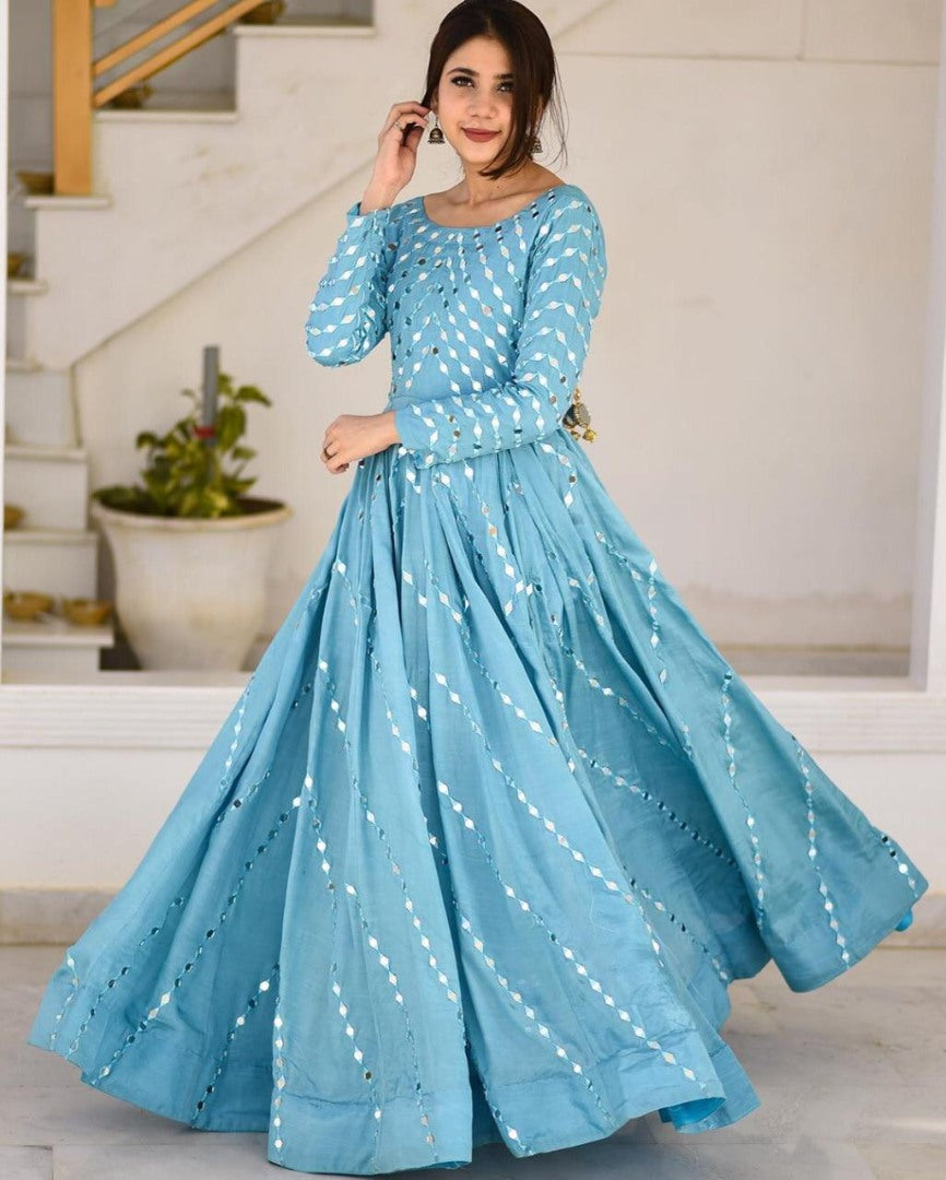 Sky blue tapeta silk paper mirror work gown
