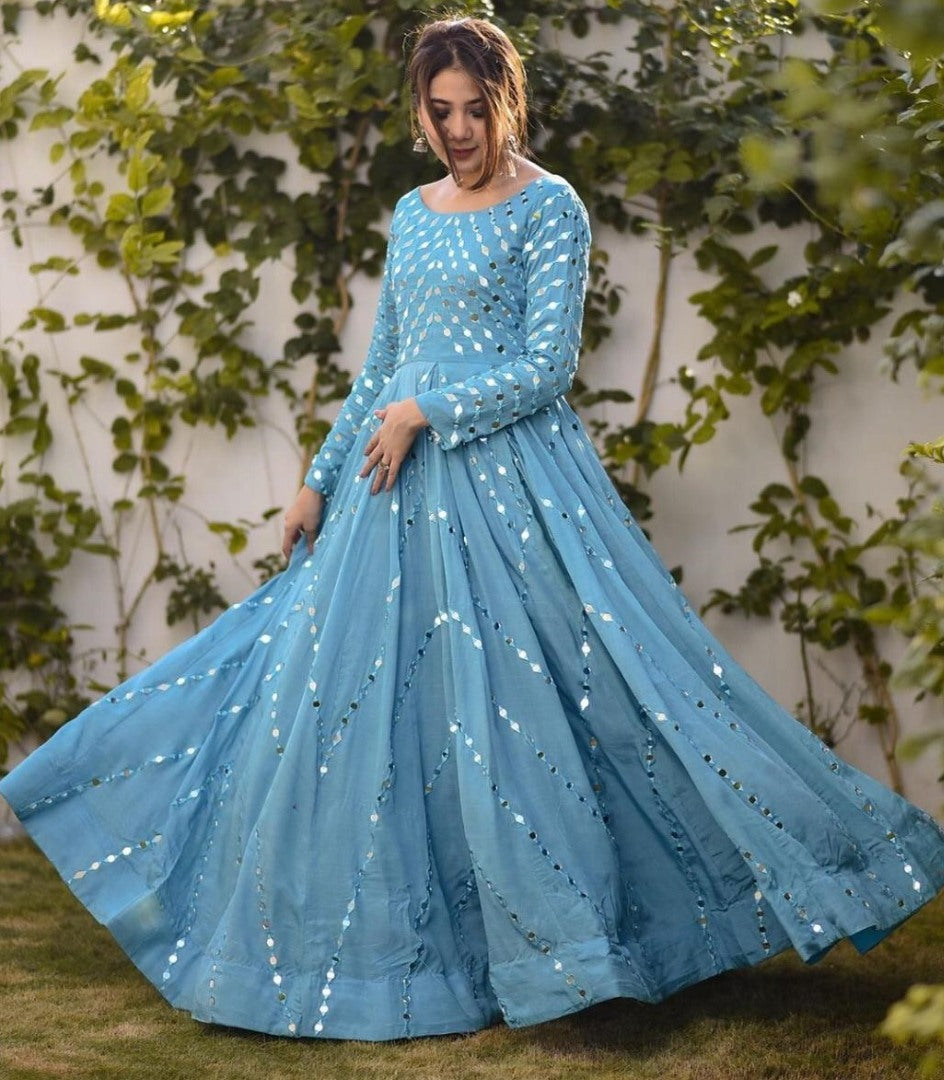 Sky blue tapeta silk paper mirror work gown