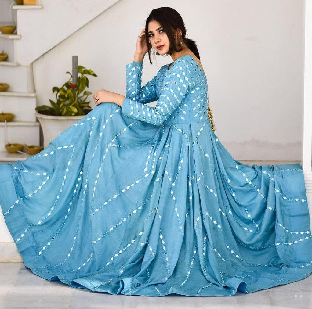 Sky blue tapeta silk paper mirror work gown