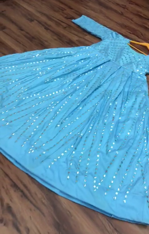 Sky blue tapeta silk paper mirror work gown