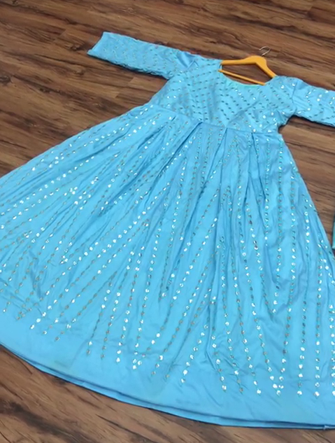 Sky blue tapeta silk paper mirror work gown