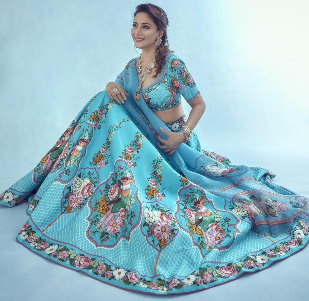 Sky blue tapeta silk printed lehenga choli