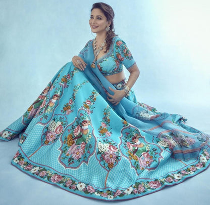 Sky blue tapeta silk printed lehenga choli