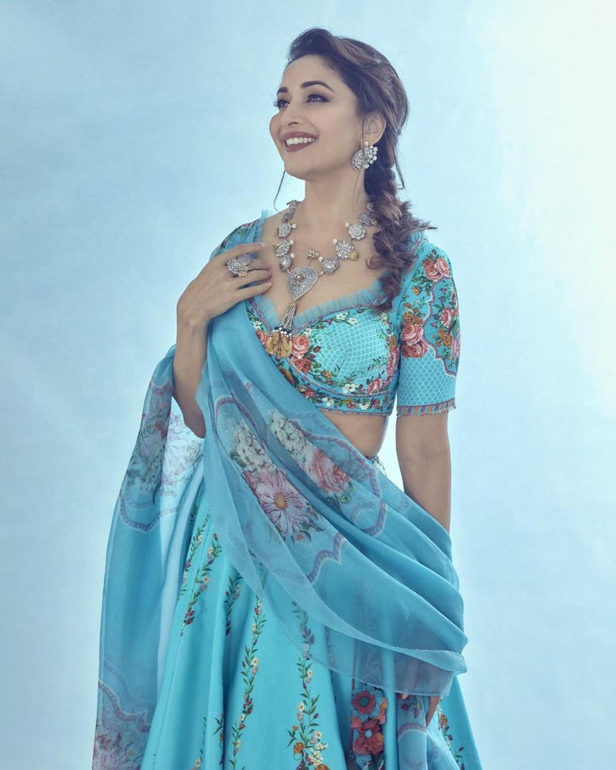 Sky blue tapeta silk printed lehenga choli