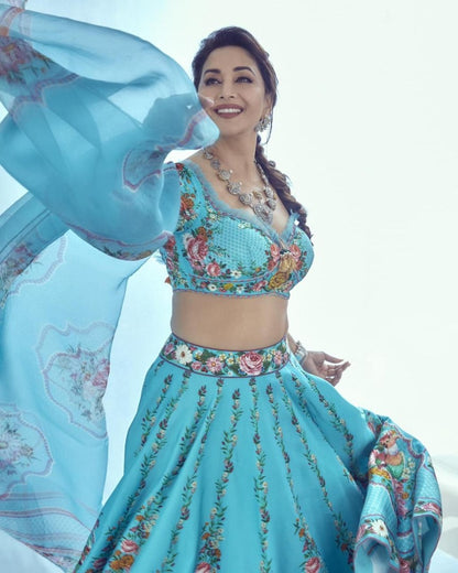 Sky blue tapeta silk printed lehenga choli