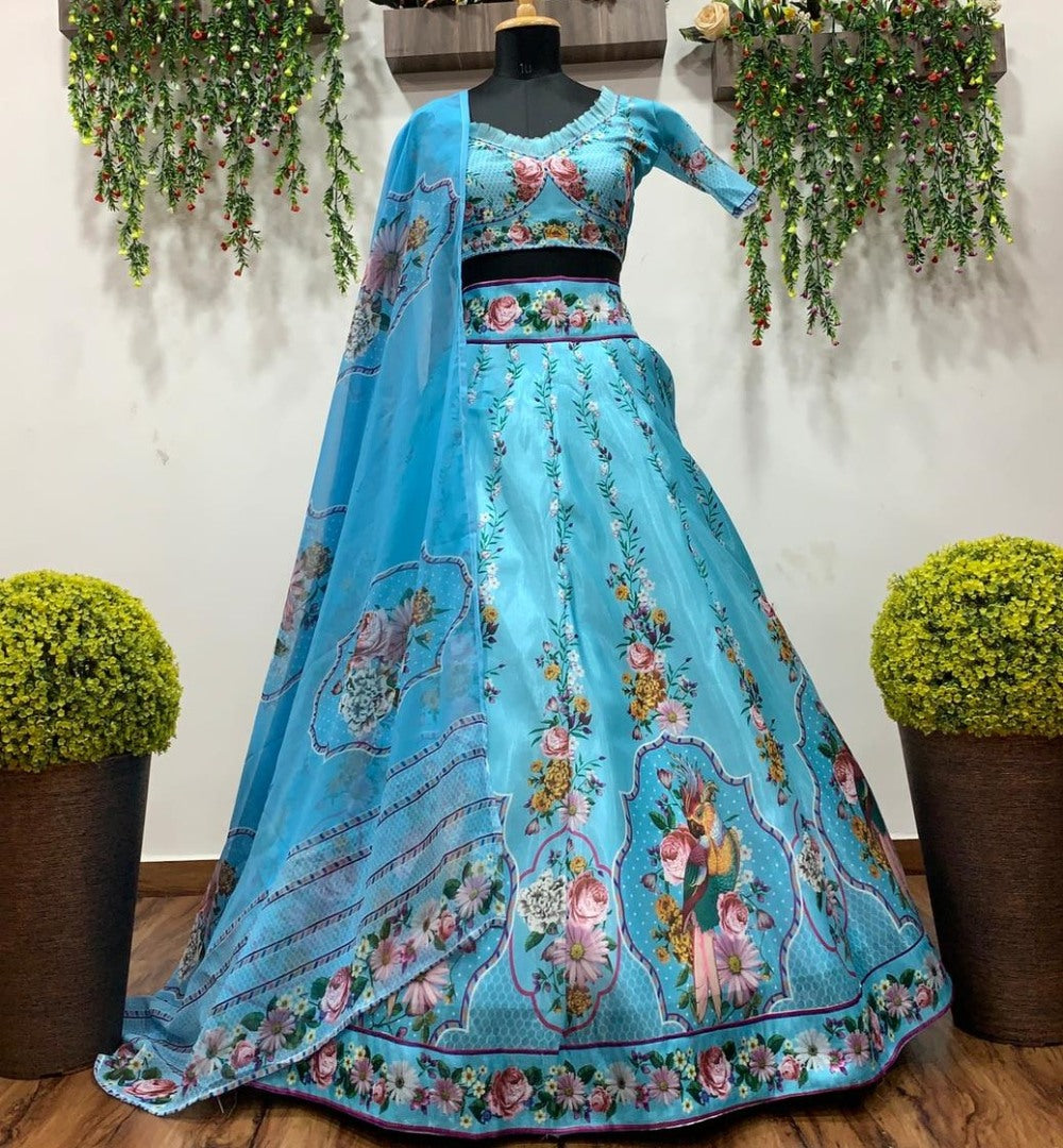 Sky blue tapeta silk printed lehenga choli