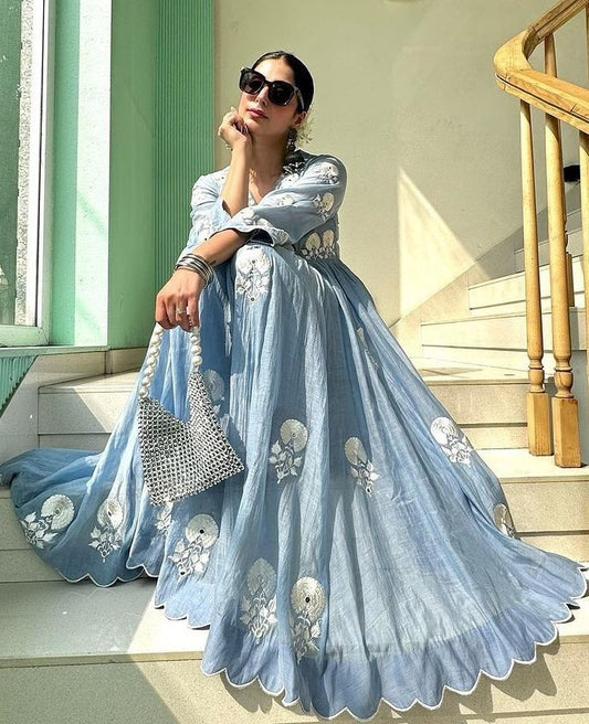 Sky blue thread work stylish anarkali suit