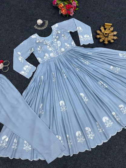 Sky blue thread work stylish anarkali suit