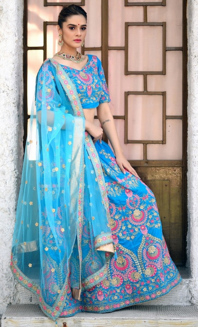 Sky blue velvet heavy embroidered wedding lehenga choli