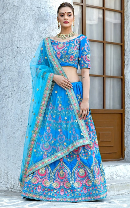 Sky blue velvet heavy embroidered wedding lehenga choli