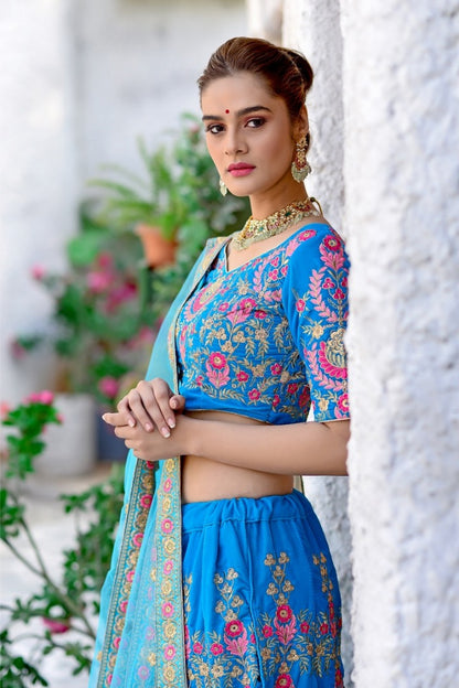 Sky blue velvet heavy embroidered wedding lehenga choli