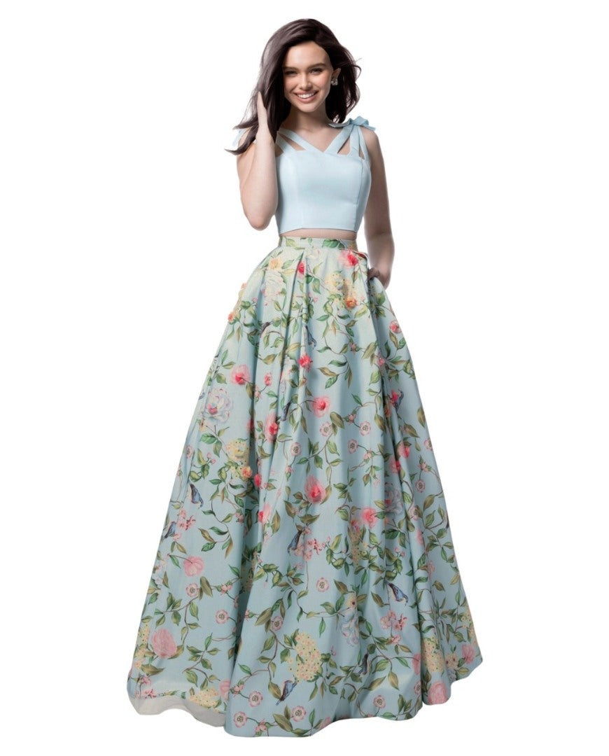sky blue zari satin digital printed crop top indowestern lehenga