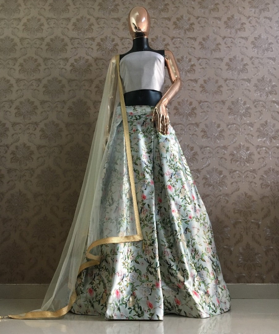 sky blue zari satin digital printed crop top indowestern lehenga