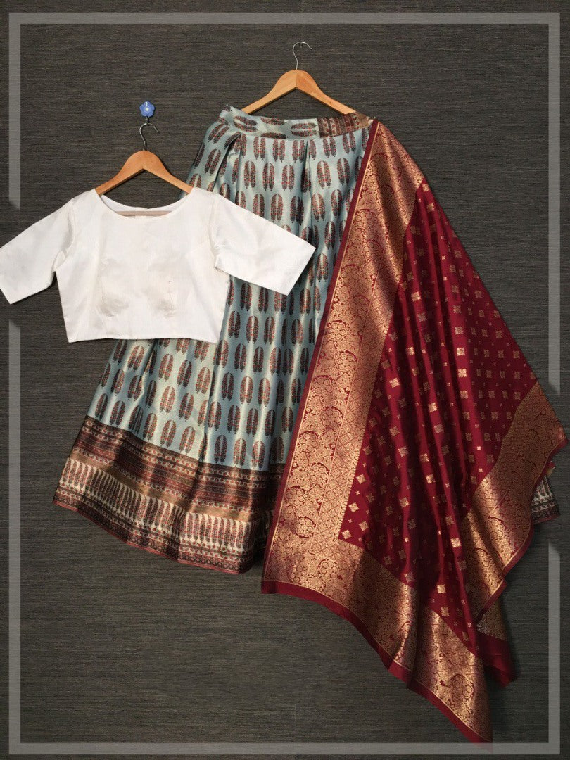 Sky blue zari satin silk printed lehenga choli with banarasi dupatta