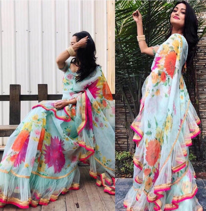 sky georgette beautiful digital floral printed ceremonial saree