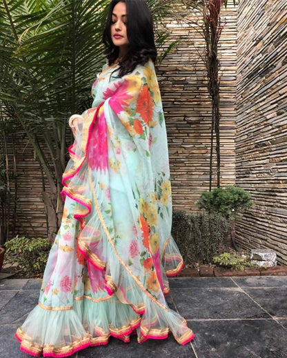 sky georgette beautiful digital floral printed ceremonial saree