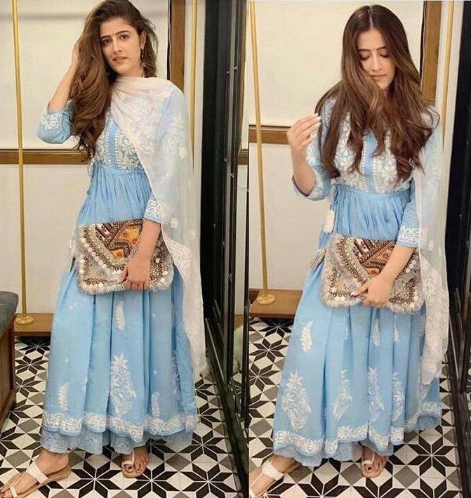 Sky georgette embroidered plazzo anarkali dress