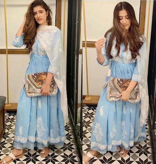 Sky georgette embroidered plazzo anarkali dress