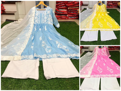 Sky georgette embroidered plazzo anarkali dress