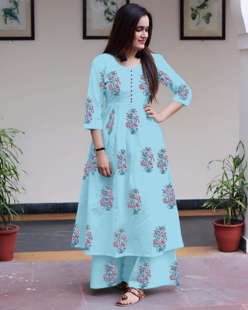 Sky heavy camric cotton printed casual plazzo kurti